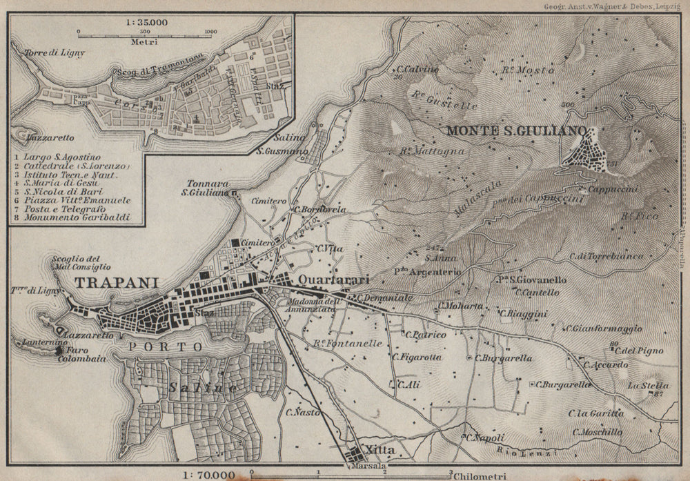 TRAPANI town plan & environs. Monte San Giuliano/Erice. Sicily Sicilia 1912 map