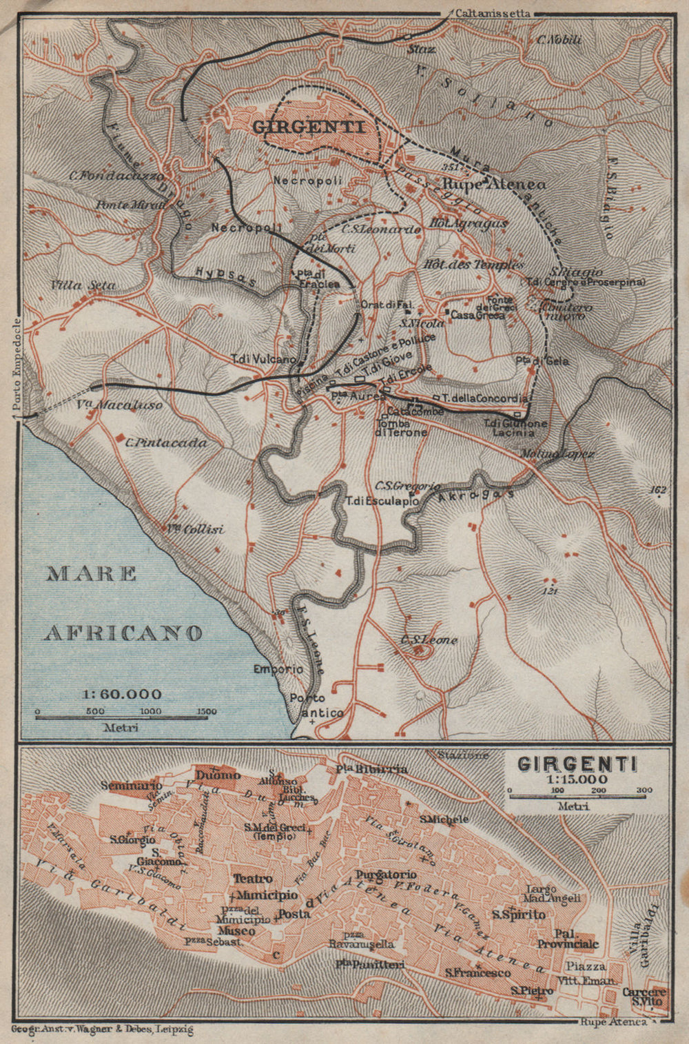 Contorni di AGRIGENTO environs. Girgenti. Italy mappa. BAEDEKER 1912 old