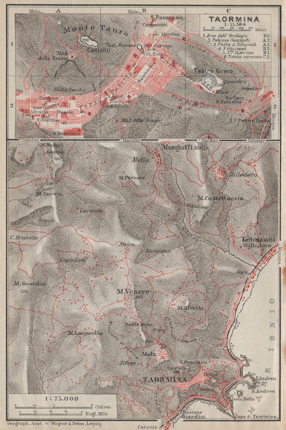 TAORMINA town city plan piano urbanistico & environs. Italy mappa 1912 old