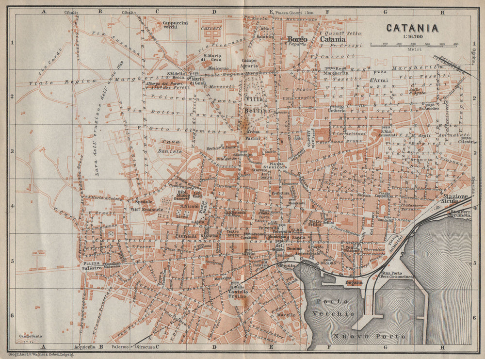 CATANIA antique town city plan piano urbanistico. Italy mappa 1912 old