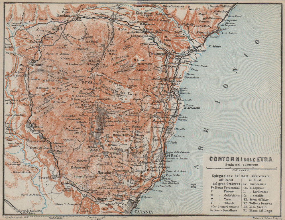 MOUNT ETNA environs/contorni. Catania Giarre Acireale. Sicily Sicilia 1912 map