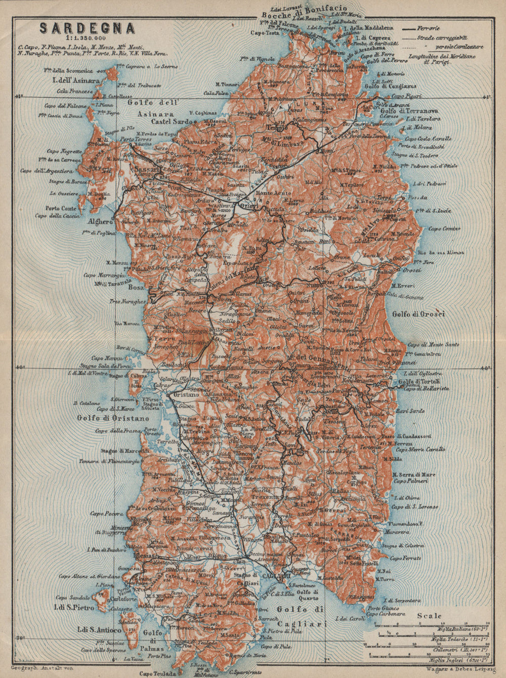 SARDINIA SARDEGNA. Italy mappa. BAEDEKER 1912 old antique plan chart