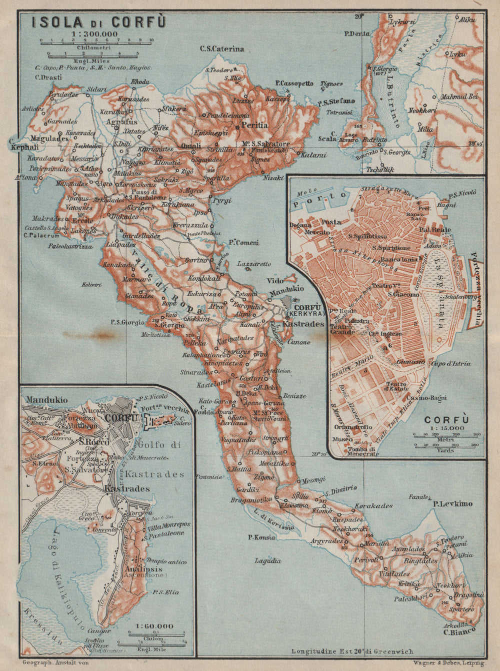ISLAND OF CORFU & town city plan. Greece. Kerkyra. Isola di Corfù 1912 old map