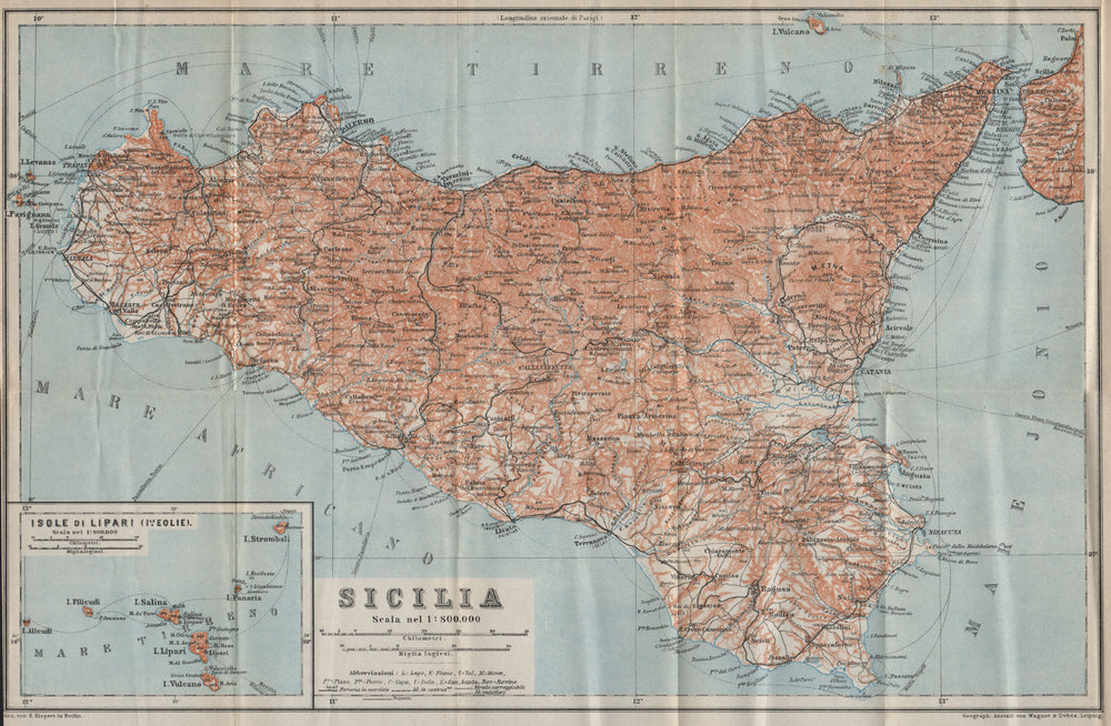 SICILY SICILIA. Isole Eolie/Lipari. Aeolian islands. Italy mappa 1912 old