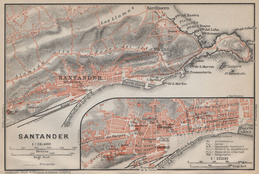 SANTANDER antique town city ciudad plan & environs. Spain España mapa 1913