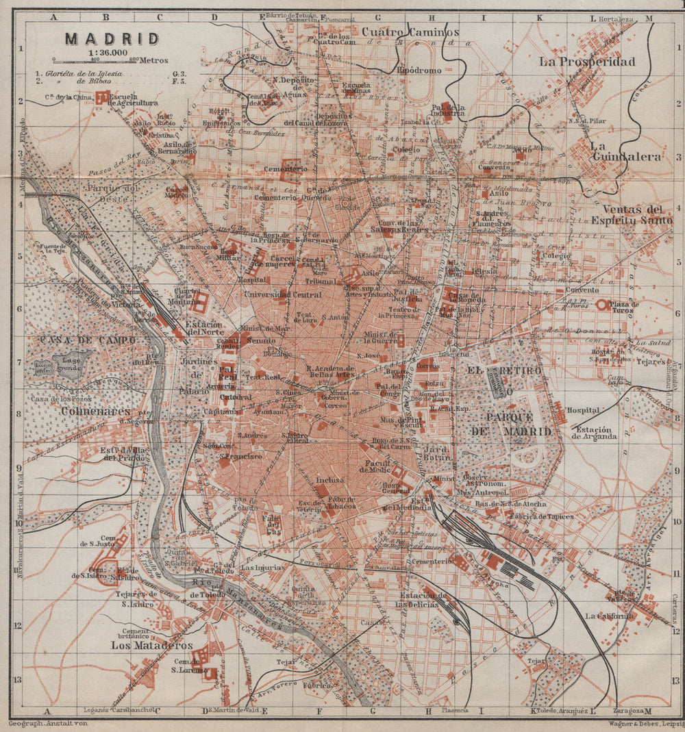 MADRID antique town city ciudad plan. Spain España mapa. BAEDEKER 1913 old