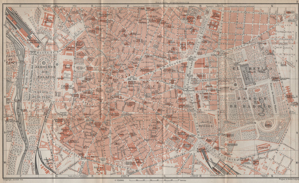 MADRID, INNER TOWN antique town city ciudad plan. Spain España mapa 1913