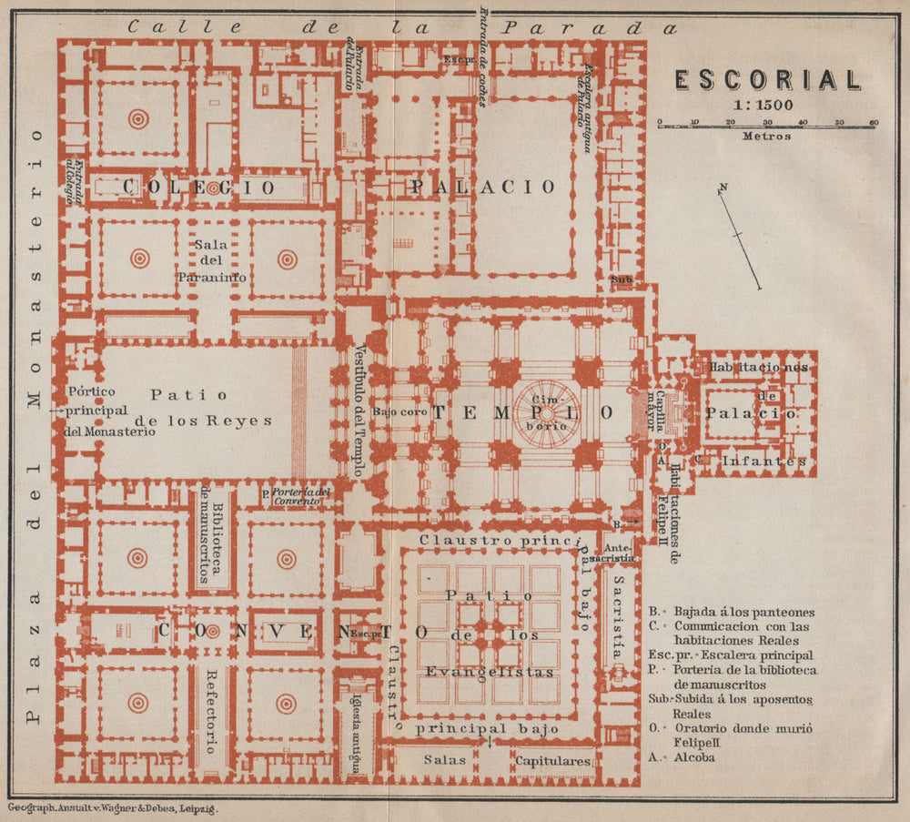 EL ESCORIAL floor plan. Spain España mapa. BAEDEKER 1913 old antique chart