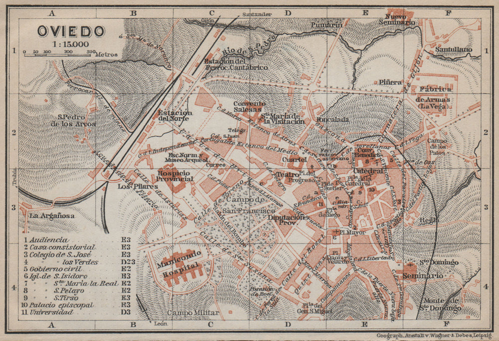 OVIEDO antique town city ciudad plan. Spain España mapa. BAEDEKER 1913 old
