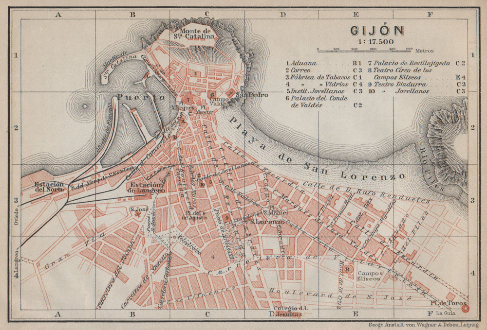GIJON GIJÓN antique town city ciudad plan. Spain España mapa. BAEDEKER 1913