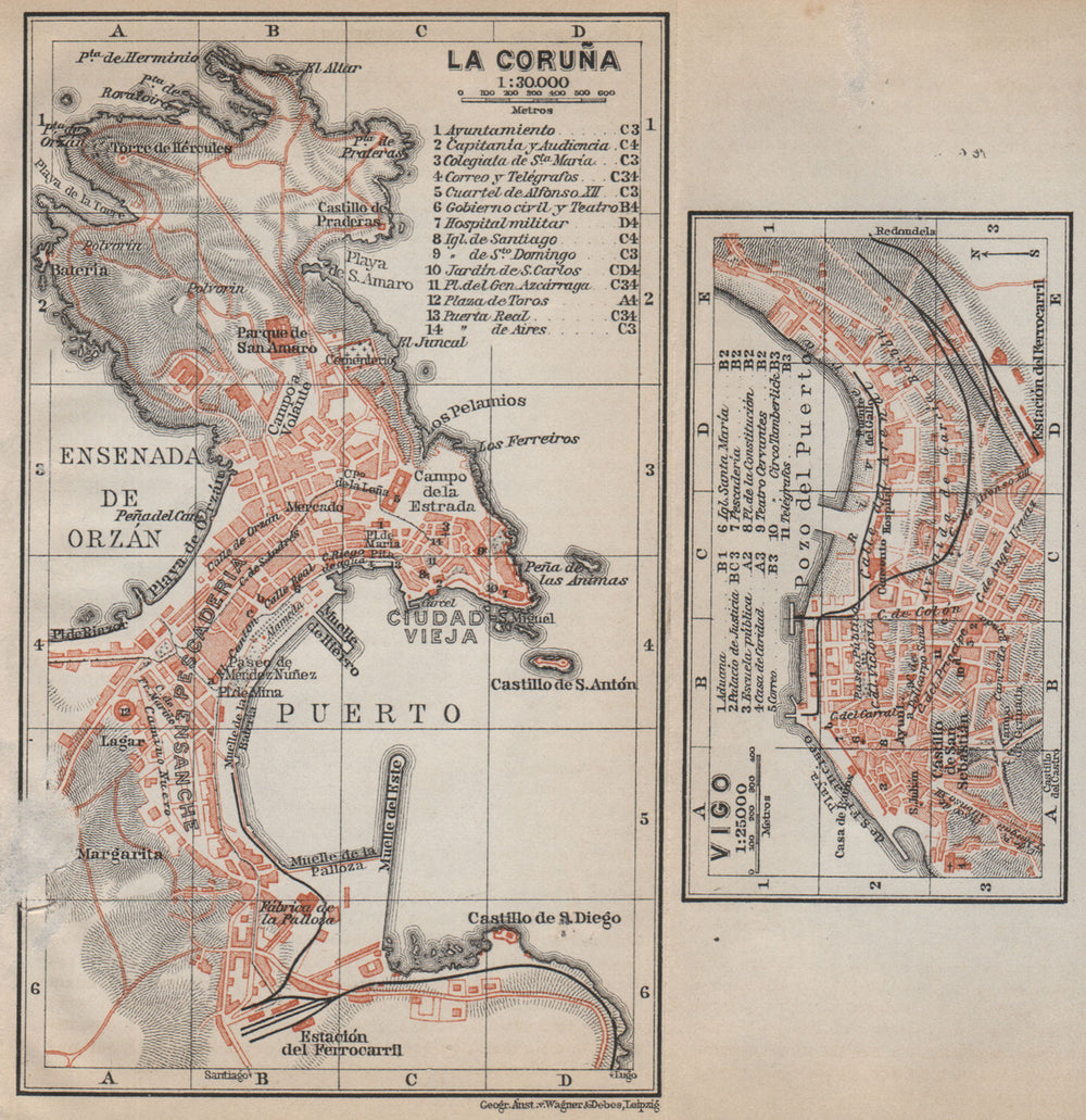LA CORUÑA & VIGO antique town city ciudad plans. Spain España mapa 1913