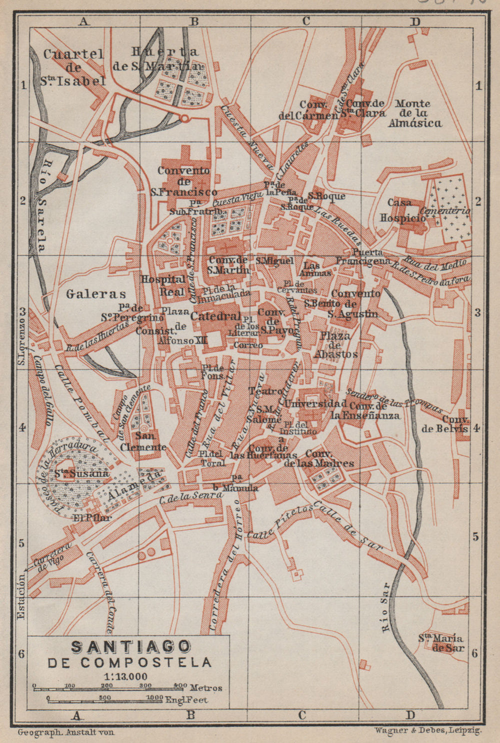 SANTIAGO DE COMPOSTELA town city ciudad plan. Spain España mapa 1913 old
