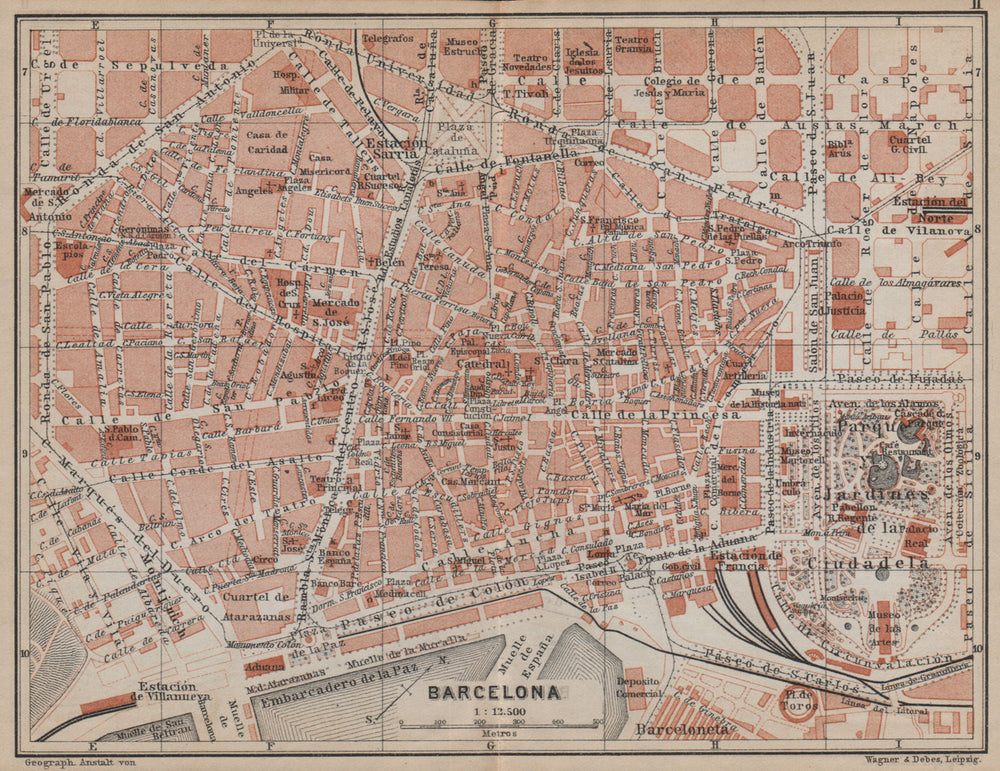 BARCELONA, INNER TOWN city ciudad plan. Spain España mapa. BAEDEKER 1913