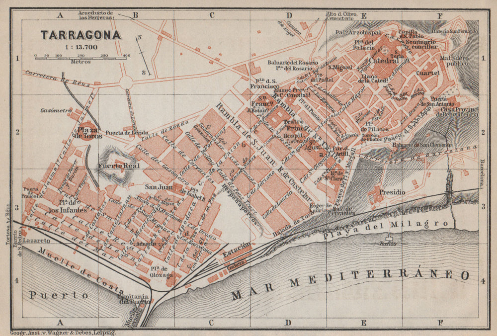 TARRAGONA antique town city ciudad plan. Spain España mapa. BAEDEKER 1913