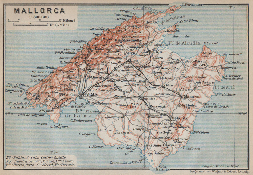 Island of MAJORCA MALLORCA topo-map. Spain España mapa. BAEDEKER 1913 old