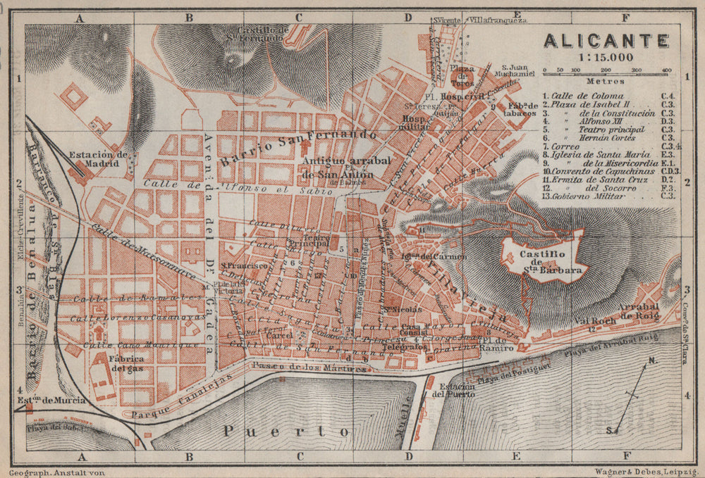 ALICANTE antique town city ciudad plan. Spain España mapa. BAEDEKER 1913