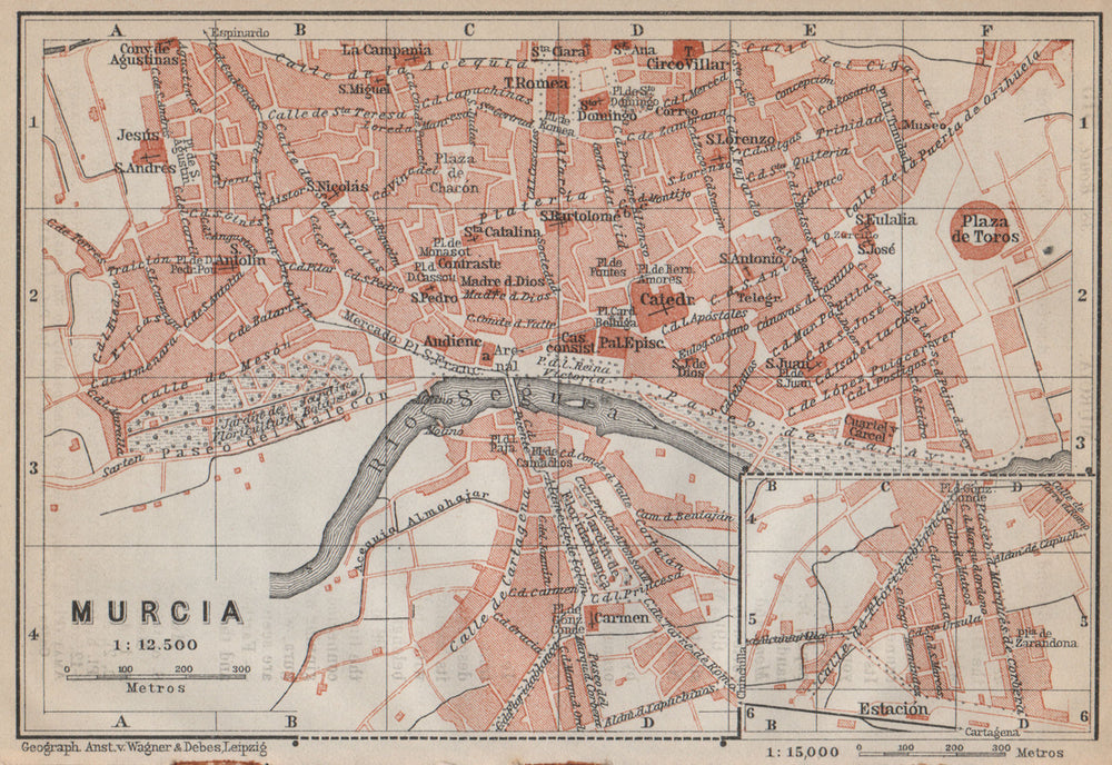 MURCIA antique town city ciudad plan. Spain España mapa. BAEDEKER 1913 old