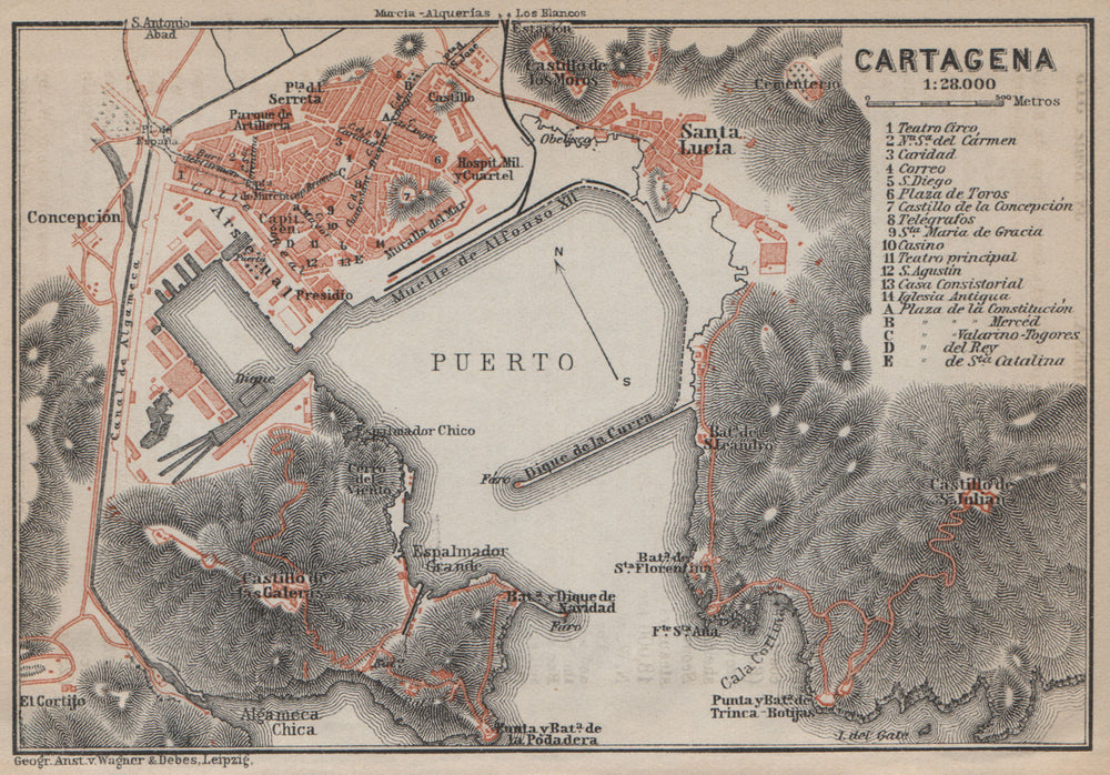 CARTAGENA antique town city ciudad plan. Spain España mapa. BAEDEKER 1913