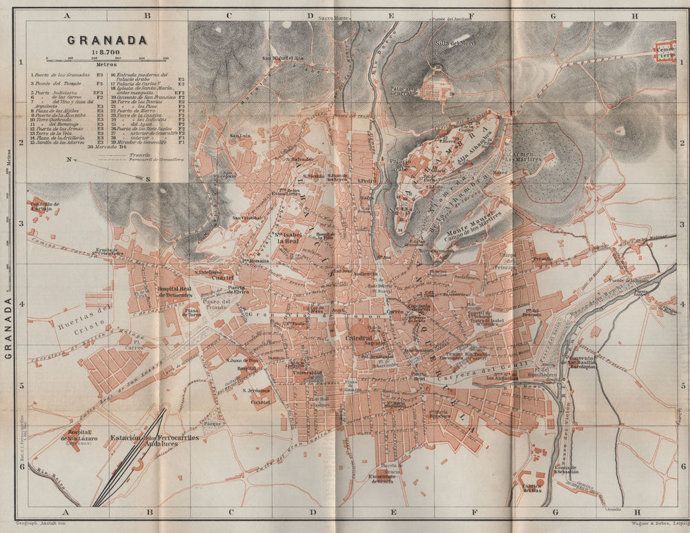 GRANADA antique town city ciudad plan. Spain España mapa. BAEDEKER 1913
