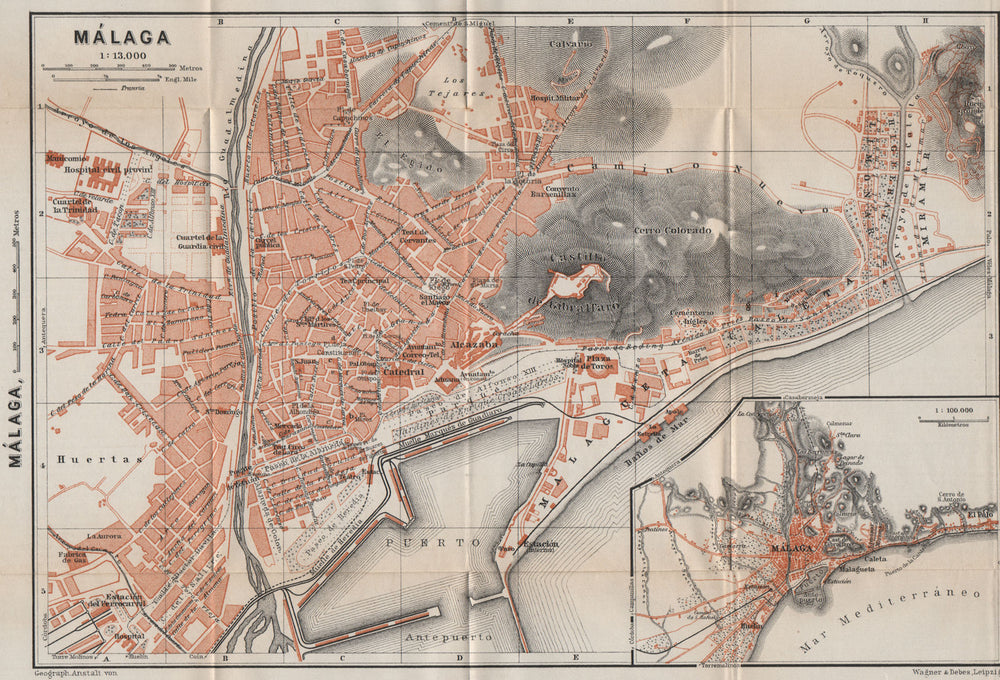 MALAGA MÁLAGA town city ciudad plan & environs. Spain España mapa 1913 old