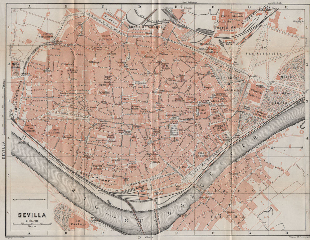 SEVILLE SEVILLA antique town city ciudad plan. Spain España mapa 1913 old