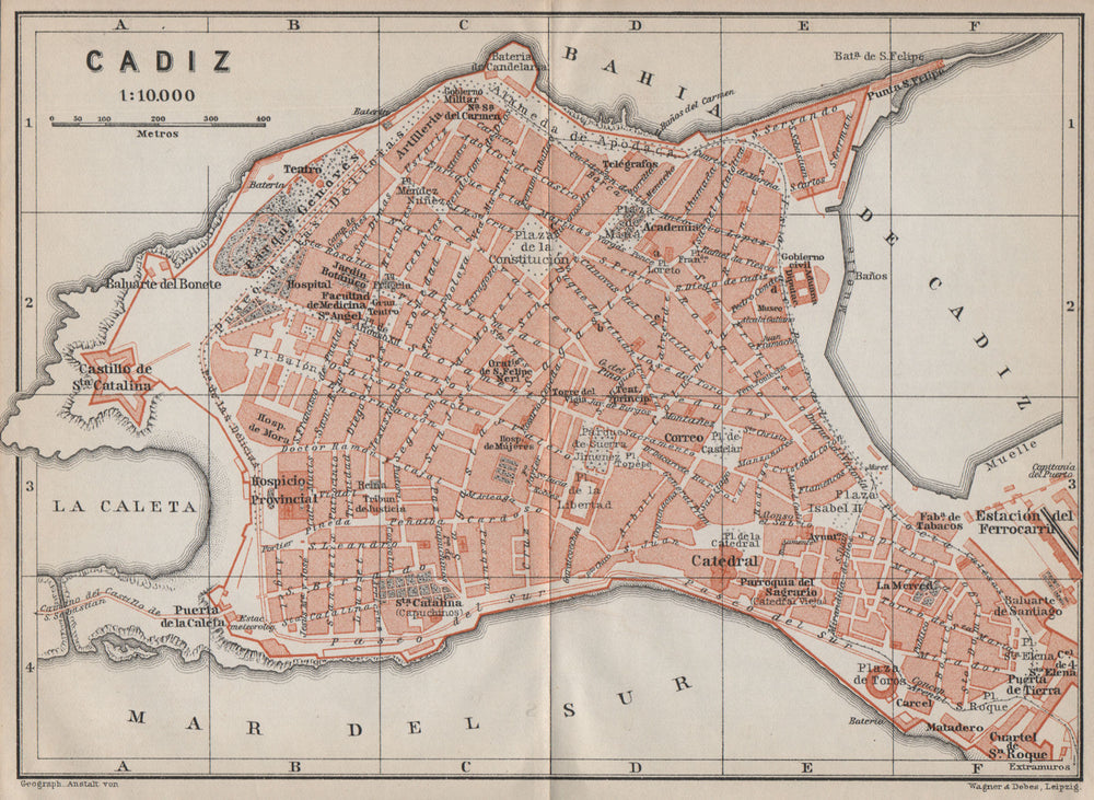 CADIZ antique town city ciudad plan. Spain España mapa. BAEDEKER 1913 old