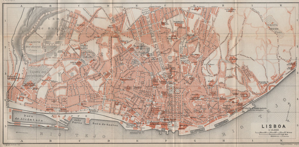 LISBON LISBOA antique town city plano de la cidade. Portugal mapa 1913 old