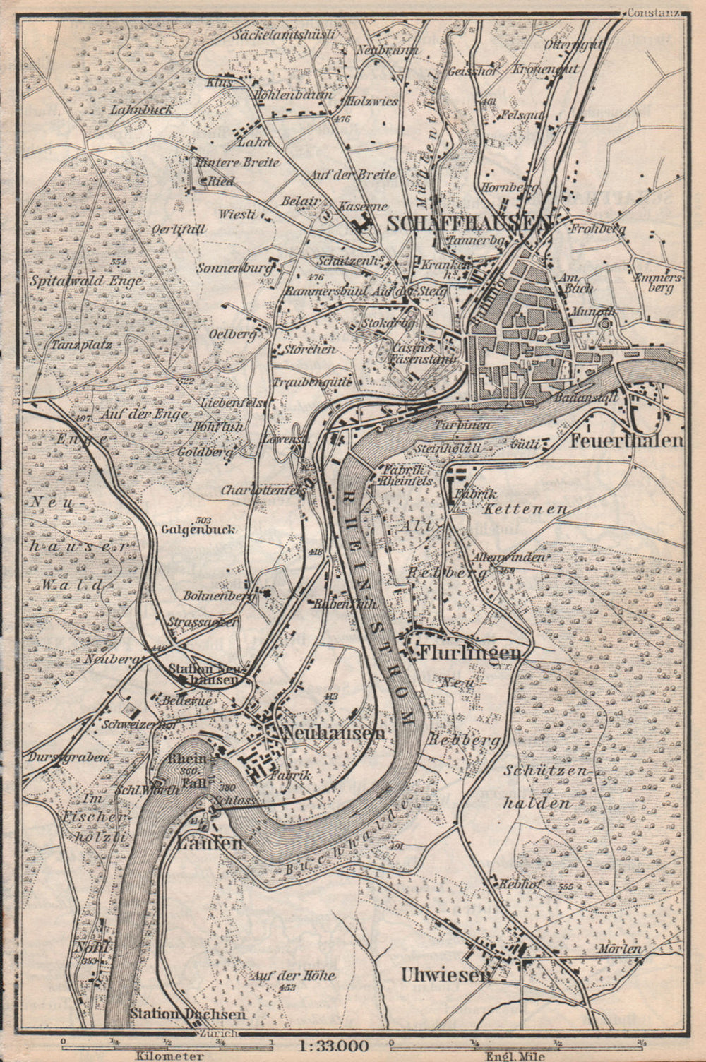 SCHAFFHAUSEN environs. Flurlingen Feuerthalen Neuhausen. Schweiz 1889 old map