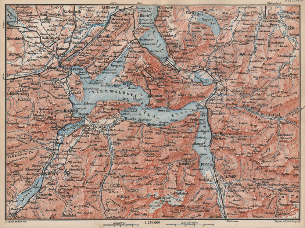 LAKE LUCERNE. Vierwaldstättersee. Luzern Engelberg Sarnen Altorf Stanz 1889 map