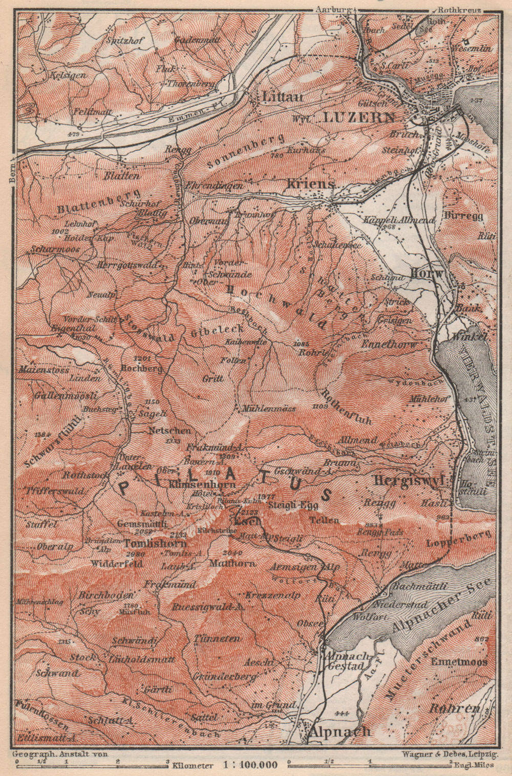 PILATUS. Luzern Lucerne Kriens Alpnach Hergiswil. Topo-map. Schweiz 1889