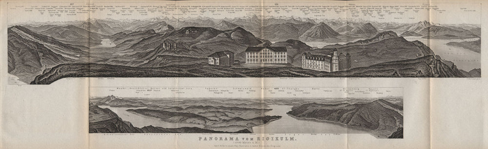 PANORAMA from/von RIGIKULM 1800m. Küssnacht. Switzerland Schweiz 1889 old map