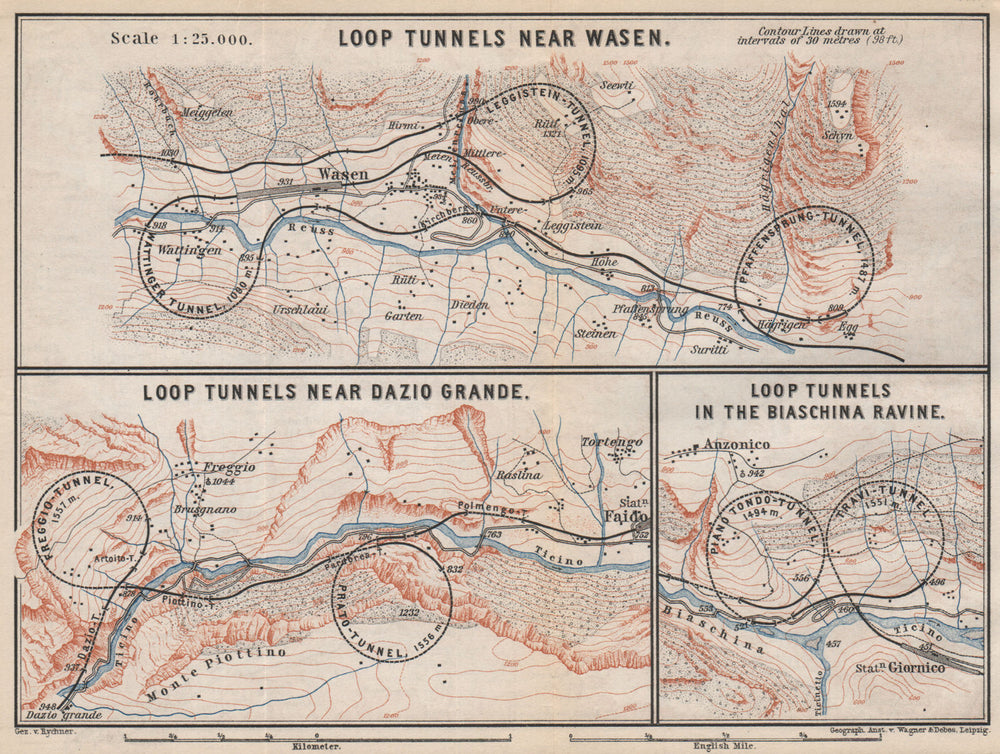 ST GOTTHARD RAILWAY SPIRAL/LOOP TUNNELS Wassen Freggio Prato Biaschina 1889 map