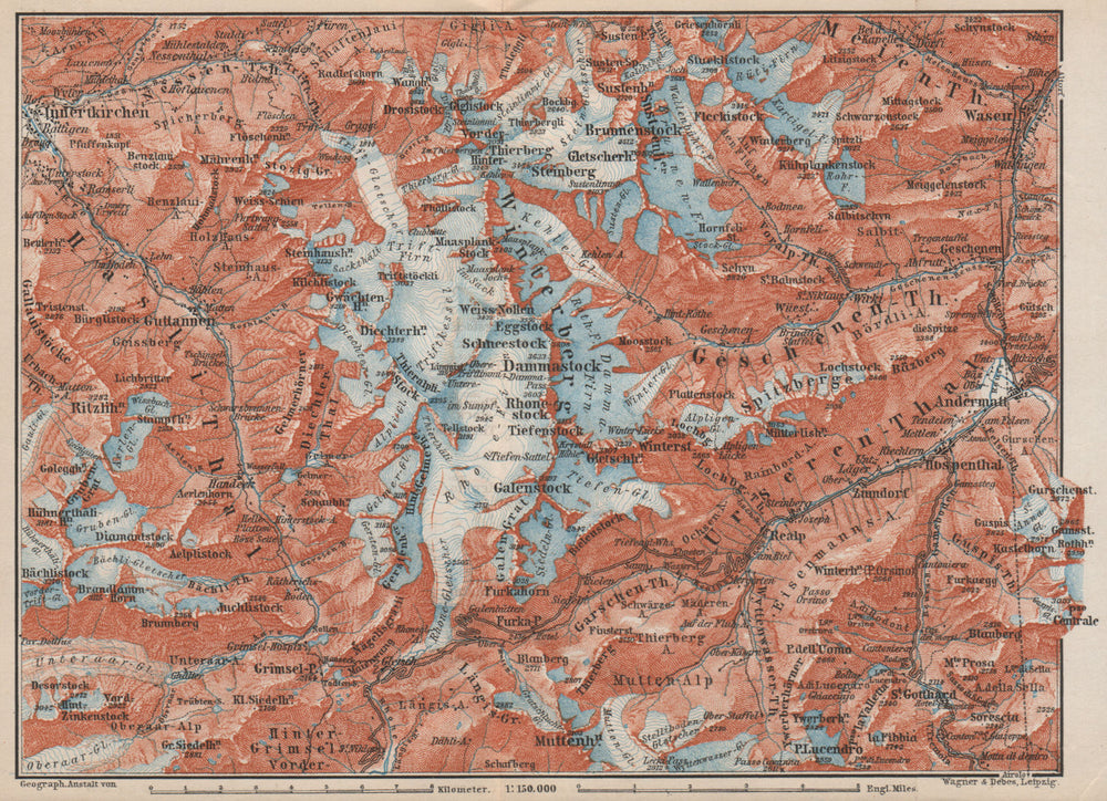 URNER/URI ALPS. Trift district. Andermatt Innertkirchen Dammastock 1889 map