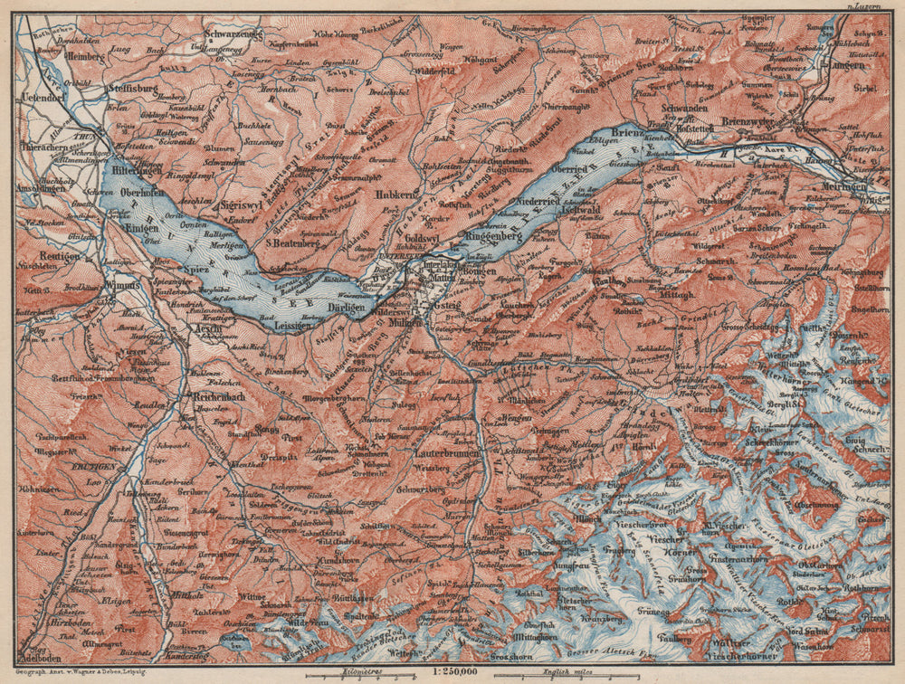 BERNESE OBERLAND. Wengen Mürren Grundelwald Reutigen Interlaken Eiger 1889 map