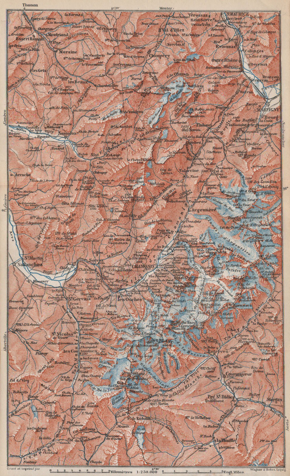MONT BLANC. Chamonix Courmayeur Argentière Morzine St Gervais Megève 1889 map