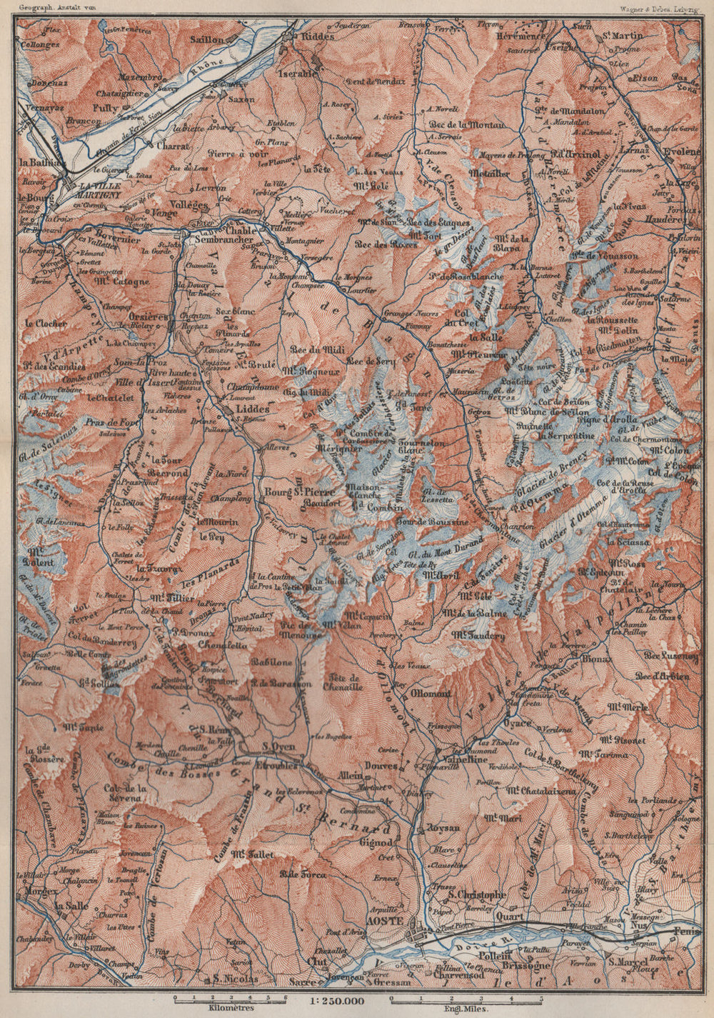 GRAND ST BERNARD AREA. Martigny-Aosta. Verbier Liddes Valais Topo-map 1889