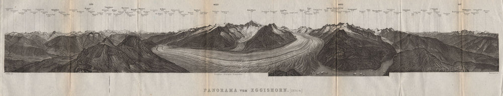 EGGISHORN PANORAMA Aletschhorn Glacier Nesthorn Mont Blanc Leone Eiger 1889 map