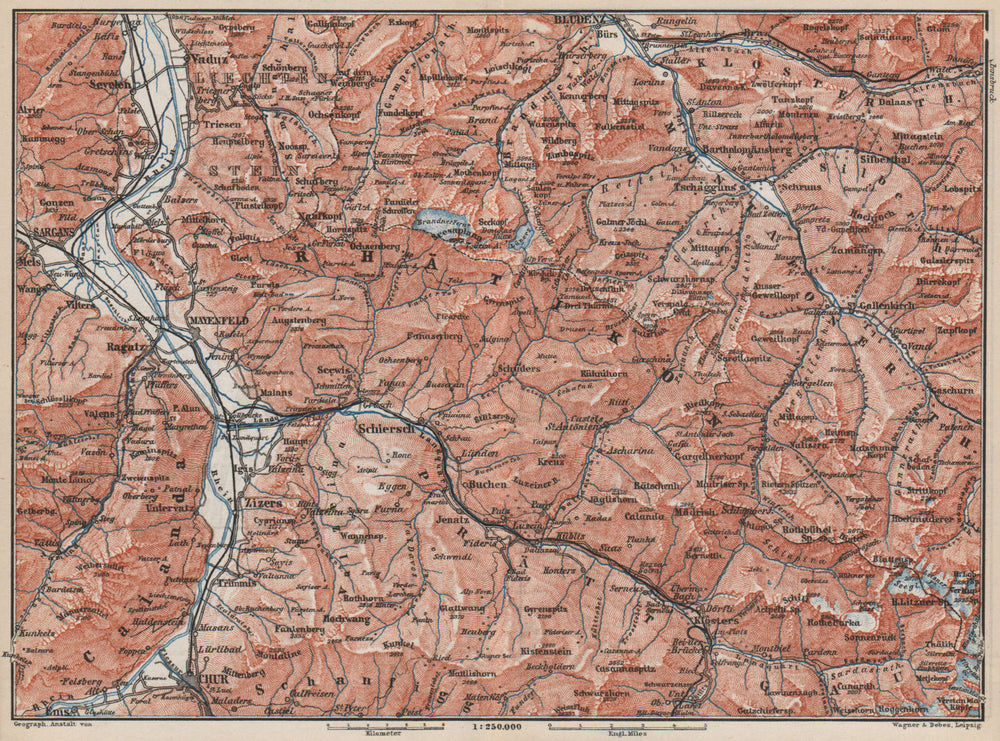 BAD RAGAZ PRÄTIGAU MONTAFON ENVIRONS. Wangs Rätikon Bludenz Maienfeld 1889 map