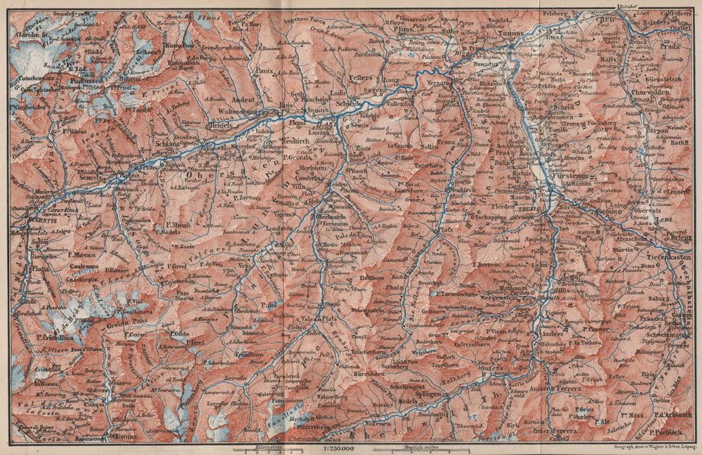 VORDER-RHEINTHAL. Flims Laax Chur Obersaxen Tamins Brigels Thusis 1889 old map