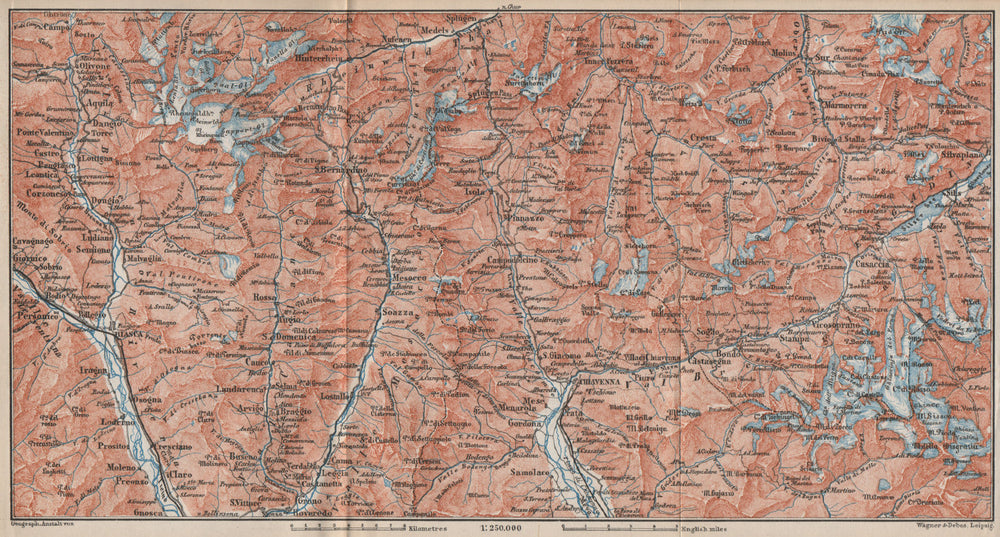 LUKMANIER to MALOJA.Sils Maria Bivio Madesimo Chiavenna San Bernardino 1889 map