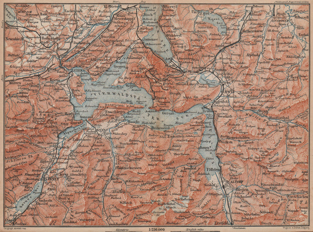 LAKE LUCERNE. Vierwaldstättersee. Luzern Engelberg Sarnen Altorf Stanz 1893 map