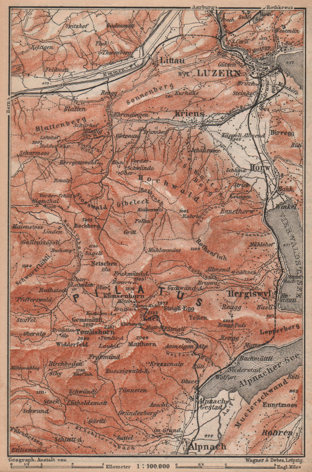 PILATUS. Luzern Lucerne Kriens Alpnach Hergiswil. Topo-map. Schweiz 1893