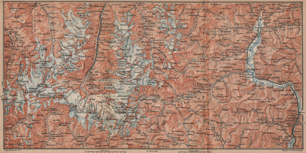 VALAIS ALPS. Zermatt Saas-Fee Monte Rosa Val Tournanche Matterhorn 1893 map