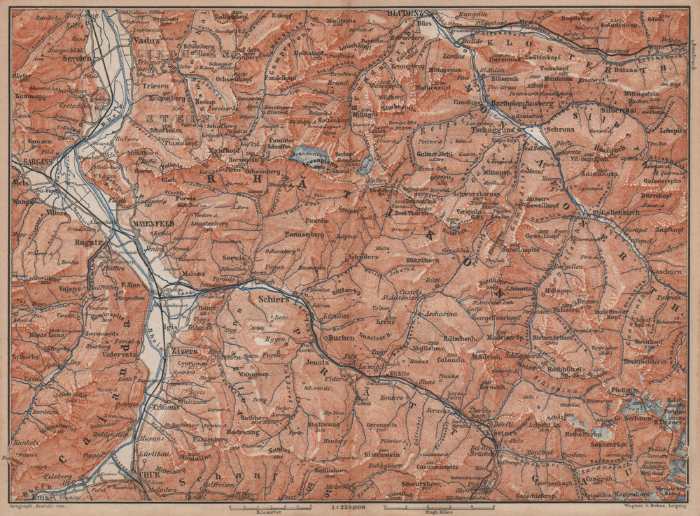 BAD RAGAZ PRÄTIGAU MONTAFON ENVIRONS. Wangs Rätikon Bludenz Maienfeld 1893 map