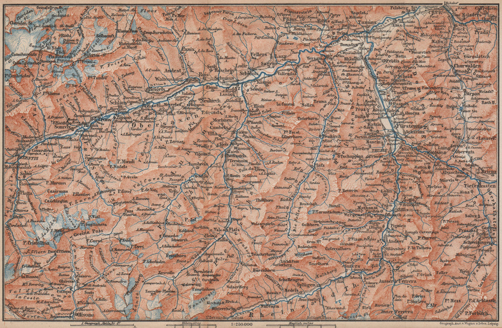 VORDER-RHEINTHAL. Flims Laax Chur Obersaxen Tamins Brigels Thusis 1893 old map