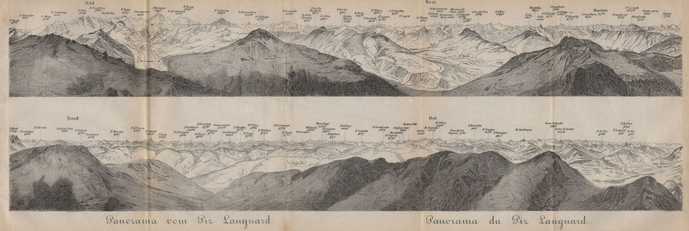 PIZ LANGUARD PANORAMA. Bernina Roseg Monte Rosa Mont Blanc Cristallo 1893 map