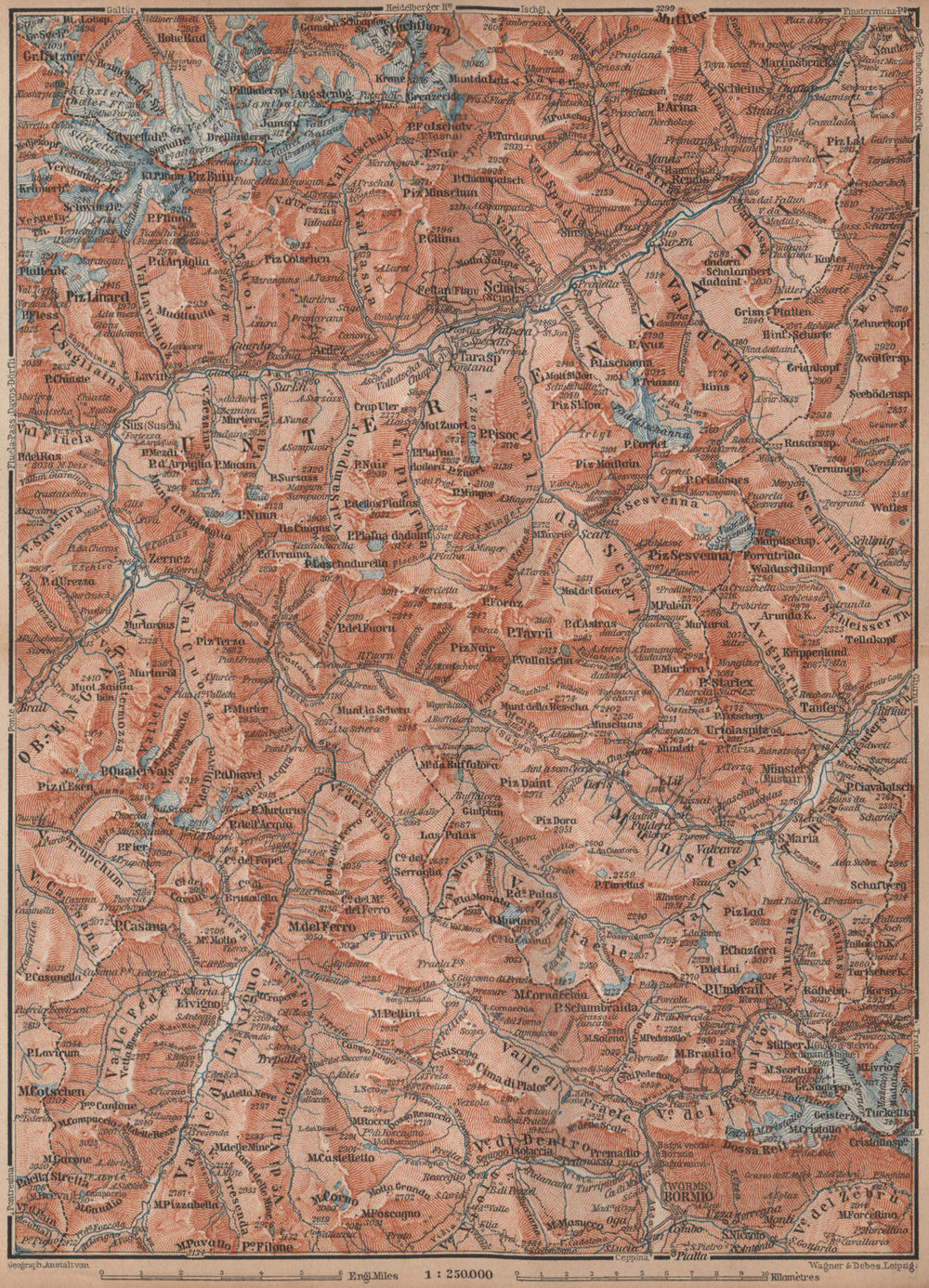 LOWER ENGADINE. Livigno Bormio Ftan Scuol Silvretta Range Piz Buin 1893 map