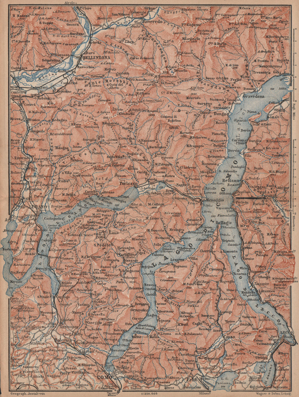 LAKES/LAGO DI COMO & LUGANO. Lecco Bellinzona. Topo-map. Italy mappa 1893