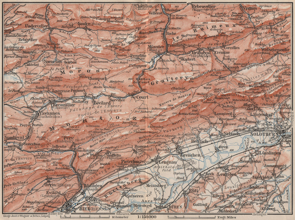 BERNESE JURA. Solothurn Biel/Bienne Rebeuvelier Tavannes. Topo-map 1897