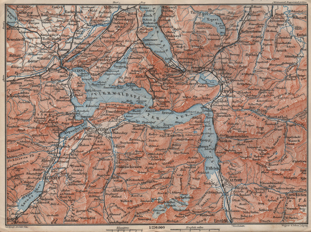 LAKE LUCERNE. Vierwaldstättersee. Luzern Engelberg Sarnen Altorf Stanz 1897 map